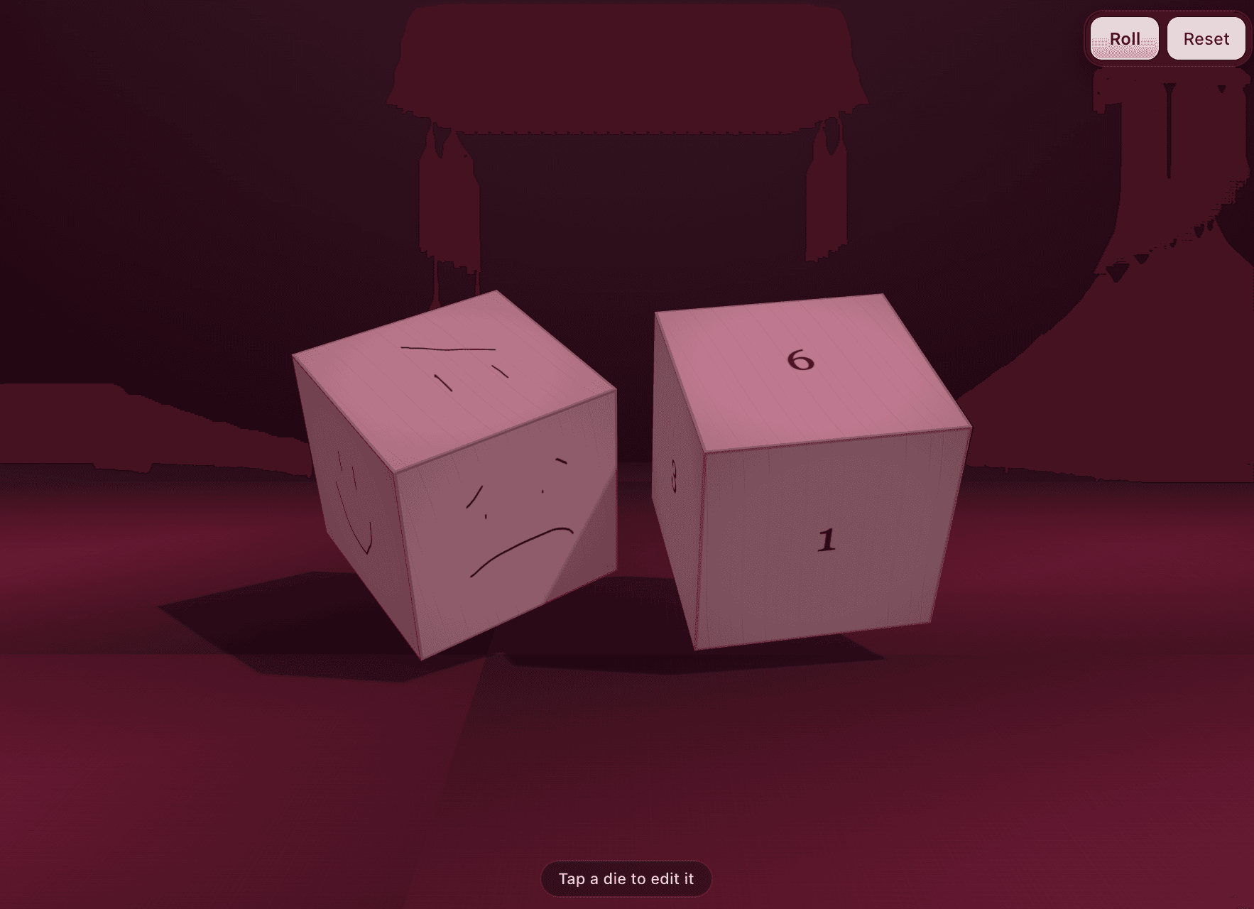 Preview of the 3D custom dice game with roll and reset controls