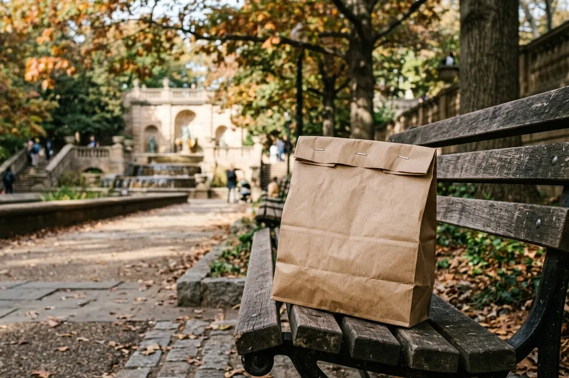A plain brown paper bag waiting on a wooden park bench near a fountain